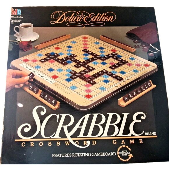 Scrabble Crossword Game 1989 Deluxe Edition Rotating Turntable Mahogany Tiles - Picture 1 of 9